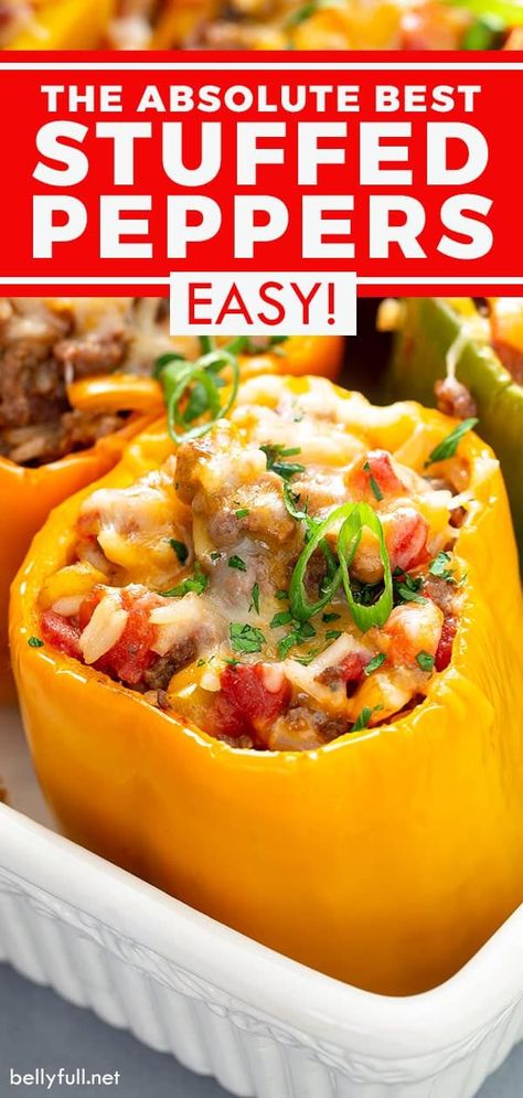 These easy Stuffed Peppers start with gorgeous multi-colored bell peppers, filled with a hearty mix of ground beef, rice, tomatoes, and seasonings, then finished with cheese and baked until tender. It's a perfect all in one healthy, delicious dinner that your family will love! Best Stuffed Pepper Recipe, Stuffed Pepper Recipe, Easy Stuffed Peppers, Pepper Recipe, Healthy Beef Recipes, Healthy Beef, Stuffed Pepper, Peppers Recipes, Beef Recipes Easy