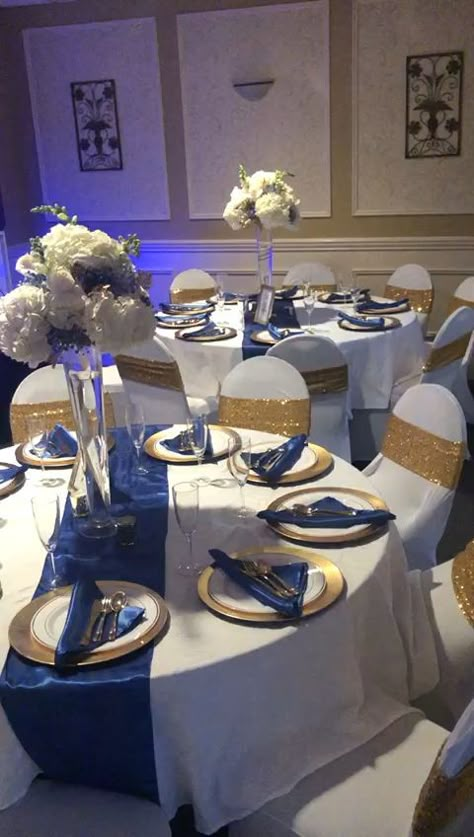 Wedding [Video] | Blue themed wedding, Blue gold wedding, Navy blue and gold wedding Navy Blue And Gold Wedding Reception, Quince Decorations Blue And Gold, Royal Blue Quince Decorations, Royal Blue Table Decorations, Royal Blue And Gold Wedding Decorations, Navy Blue And Gold Wedding Theme, Royal Blue And Gold Wedding Theme, Royal Blue Table Setting, Royal Blue Quinceanera Decorations