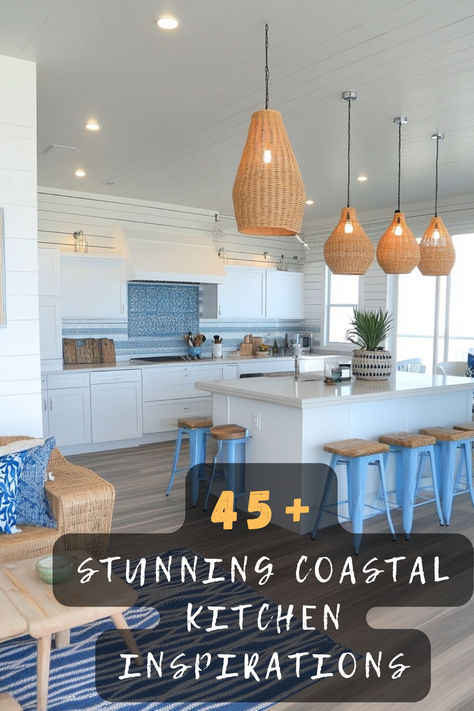 Achieve seaside serenity with 45 coastal kitchen ideas that embody relaxed elegance. Featuring airy layouts, ocean-inspired colors, and beachy decor, these kitchens offer a tranquil retreat. Click to discover these serene inspirations and infuse your kitchen with coastal charm! 🐚🌿 #CoastalKitchen #SereneDesign #OceanColors #BeachyDecor #RelaxedElegance #TranquilRetreat #KitchenInspo Florida Kitchens Design, Surf House Kitchen, Coastal Kitchen Countertops, Coastal Backsplash Kitchen, Coastal Contemporary Kitchen, Coastal Backsplash, Small Coastal Kitchen, Beach Cottage Kitchen, Coastal Kitchen Ideas