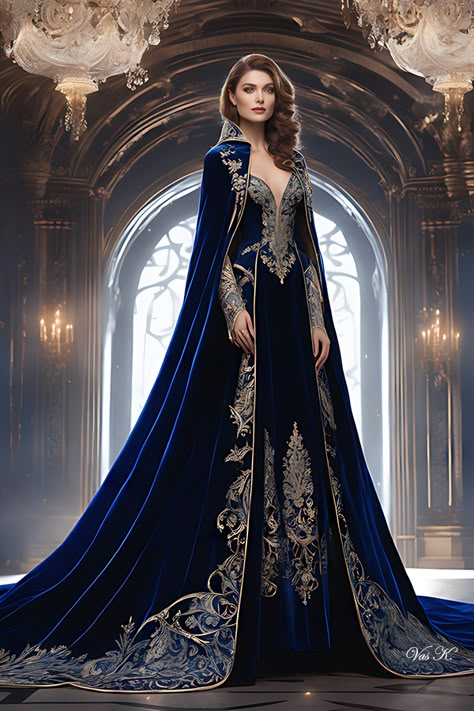 Royal blue, Vas K. Blue Fantasy Dress, Queen Outfits Royal, Female Mage, Queen Gown, School Of Magic, Medieval Gown, Queen Outfits, Old Fashion Dresses, Royal Dresses