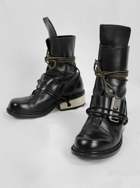 Dark Blue Trousers, Black Tall Boots, Boots With Laces, 90s Boots, Dirk Bikkembergs, Mode Shoes, Mountaineering Boots, Black Boots Tall, Blue Trousers