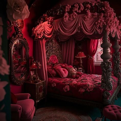 Whimsigothic Home Bedroom, Whimsigothic Home, Princess Core, Bedroom Red, Dark Home Decor, Red Room, Red Rooms, Cheryl Blossom, Dreamy Room