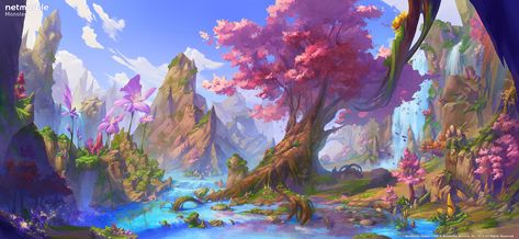 Spring (monster's taming game work), Da som Hyun on ArtStation at https://www.artstation.com/artwork/0x0lY Fairytale Landscape, Wallpaper Fantasy, Miss Marvel, Wallpaper Macbook, Monster Inc, Spring Wallpaper, Fantasy Places, Arte Inspo, Fantasy Art Landscapes