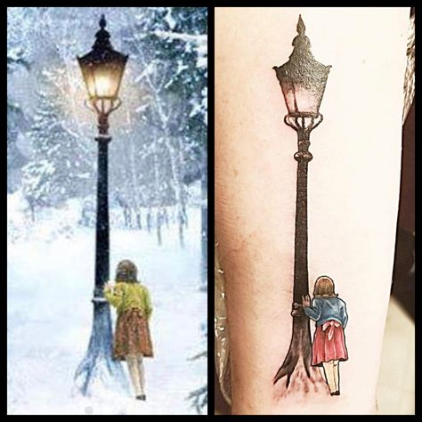 Narnia Lamp Post Tattoo, Street Light Tattoo, Lamppost Tattoo, Chronicles Of Narnia Tattoo, Lamp Post Tattoo, Narnia Tattoo Ideas, Narnia Tattoo, Narnia Christmas, Narnia Lamp Post