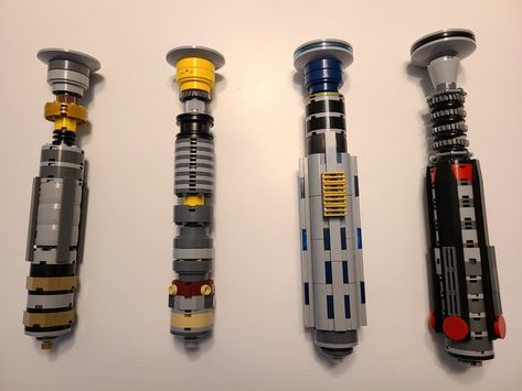 MOC Lightsabers. Just noodling around with spare parts. Lego Lightsaber, Lightsaber Hilts, Lightsaber Hilt, Lego Display, Lego Diy, Lego Instructions, Lego Design, Star Wars Images, Lego Projects