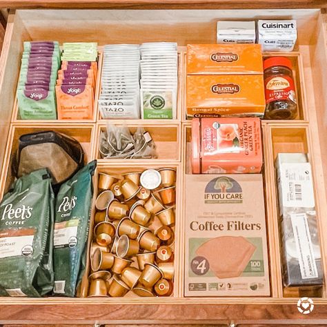 Coffee Tea Drawer Organizer, Coffee Drawer Organization, Tea Drawer, Coffee Tea Station, Coffee Drawer, Soda Bar, Organization Pantry, Tea Organization, Peets Coffee