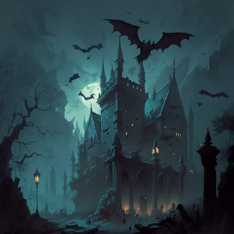 Scary Castle Art, Draculas Castle Castlevania, Haunted Castle Drawing, Vampire Castle Art, Haunted Castle Aesthetic, Haunted Illustration, Villain Castle, Spooky Castle Illustration, Vampire Silhouette