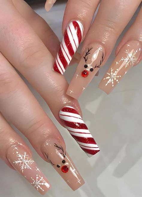 Rudolph Nails, Christmas Nail Decals, Red Sparkly Nails, Christmas Nail Inspo, Christmas Nails Design, Decals For Women, Xmas Nail Designs, Holiday Themed Nails, Fake Nails White