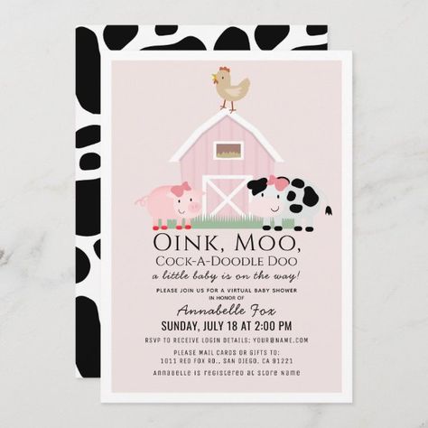 Farm Animals Barnyard Pink Virtual Baby Shower Invitation Barn Birthday Party, Girls Farm Birthday, Pink Girl Birthday, Farm Birthday Invitation, Baby Girl Shower Invitations, Virtual Baby Shower Invitation, Animal Birthday Invitation, Cute Birthday Party, Shower By Mail