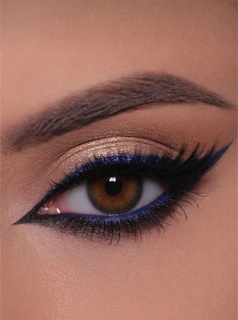 Make Up Looks For Dark Blue Dress, Navy Blue And Orange Eye Makeup, Navy And Gold Makeup Looks, Indigo Makeup Looks, Elegant Blue Eyeshadow Looks, Navy Makeup Looks Simple, Teal Blue Eye Makeup, Navy Smokey Eye Makeup, Navy And Gold Makeup