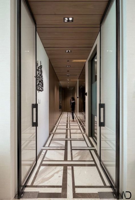 Apartment With Apt Use Of Materials And Color Scheme | AND Architects - The Architects Diary Marble Flooring Pattern Design Entrance, Corridor Flooring Pattern, Passage Flooring Pattern, Passage Flooring Design, Corridor Flooring Design, Lobby Flooring Design, Office Flooring Design, Modern Marble Floor Pattern Design, Marble Flooring Pattern