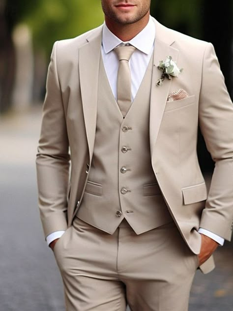 Wedding Suits Blonde Men, Champagne Best Man Suit, Gold Suit Groomsmen, Gold White Champagne Wedding, Mens White Wedding Attire, Men’s Tux For Wedding, Tan Color Suits For Men, Tan Suits For Wedding Groom Attire, Men Tan Suit Wedding