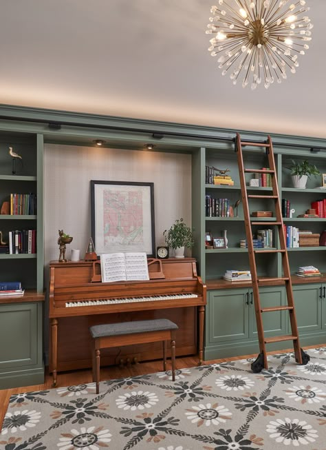 Home Library And Craft Room, Multiuse Room Ideas, Library Music Room, Piano Living Rooms, Piano Library, Traditional Library, Cozy Home Library, Twin Cities Minnesota, Home Library Rooms