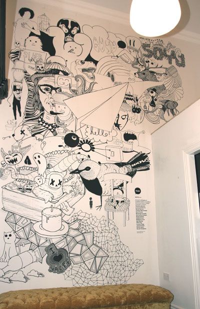 Nice illus. Future tattoo style maybe? Cafe Murals, Wall Doodle, Wall Graphics Design, Painting Cafe, Mural Illustration, Mural Cafe, Doodle Wall, Wall Drawings, Office Mural