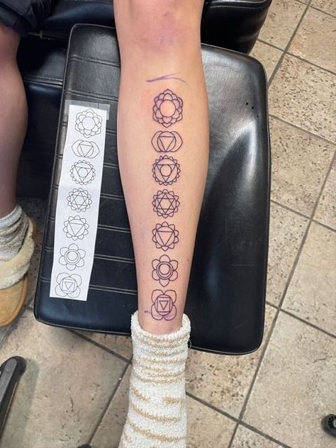 chakra tattoo, spiritual tattoo, seven chakras, 7 chakras, linework tattoo, leg tattoo, calf tattoo, witchy tattoo Spiritual Tattoo Designs, Chakra Tattoos, Chakras Tattoo, Wisdom Tattoo, Tattoo Calf, Spiritual Tattoo, Chakra Tattoo, Linework Tattoo, Tattoo Leg