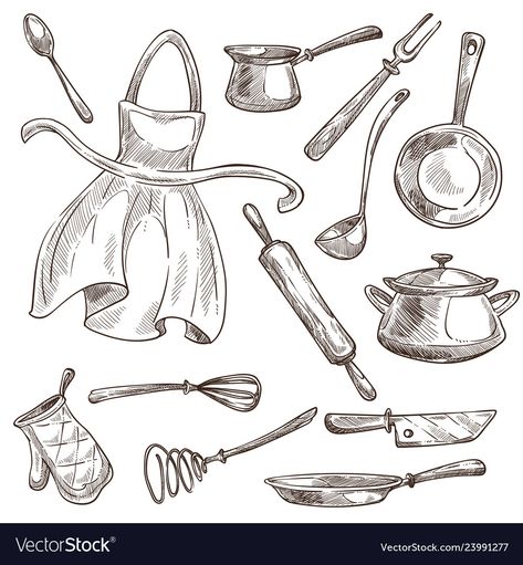 Cooking Tools Illustration, Kitchen Tools Drawing, Utensils Drawing, Gloves Illustration, Gloves Drawing, Baking Stuff, Kitchen Drawing, Cooking Supplies, Vector Sketch