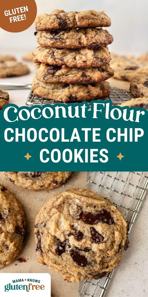 These easy coconut flour chocolate chip cookies are naturally gluten-free and made with 8 ingredients. Soft, chewy, gooey cookies every time! Gluten Free Desserts Coconut Flour, Chocolate Chip Cookies With Coconut Flour, Coconut Flour Snickerdoodles, How To Use Coconut Flour, Gluten Free Cookies Coconut Flour, Coconut Flour Cookies Easy, Coconut Flour Cookies Recipes, Gluten Free Coconut Cookies, Coconut Flour Dessert Recipes