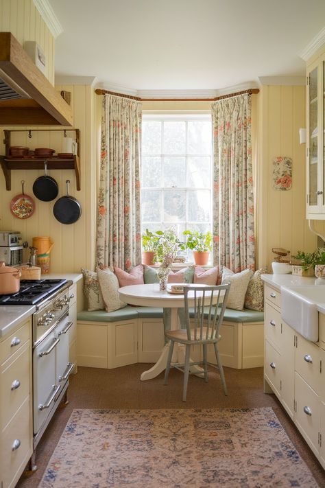 Light Yellow Kitchen Walls, Pale Yellow Kitchen Walls, Yellow Cottage Kitchen, Pastel Yellow Kitchen, Butter Yellow Kitchen, Light Yellow Kitchen, Yellow Farmhouse Kitchen, Old Cottage Kitchen, Yellow Vintage Kitchen