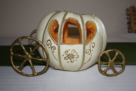 A white pumpkin carved into Cinderella's carriage.  Love it!!!! Halloween Wedding Centerpieces, Unique Pumpkin Carving Ideas, Cinderella Pumpkin Carriage, Pumpkin Coach, Cinderella Coach, Creative Pumpkin Carving, Cinderella Pumpkin, Cinderella Carriage, Pumpkin Carriage