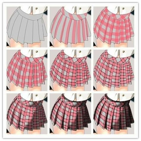 Plaid Skirt Tutorial Drawing, Plaid Skirt Drawing Reference, How To Color Clothes Anime, How To Draw Patterns Clothes, Skirt Coloring Tutorial, How To Draw A Pleated Skirt, How To Draw Plaid Pattern, How To Draw Pleated Skirts, Pleated Skirt Drawing Reference