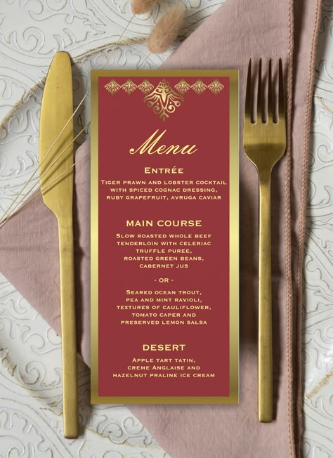 An elegant wedding menu of gold and red, with golden elements to add a touch of elegance and style to your wedding or other special occasion. Red Menu Design, Red And Gold Wedding Reception, Praline Ice Cream, Gold Graphic Design, Whole Beef Tenderloin, Red And Gold Wedding, 21 Dinner, Gold Wedding Reception, Elegant Wedding Menu