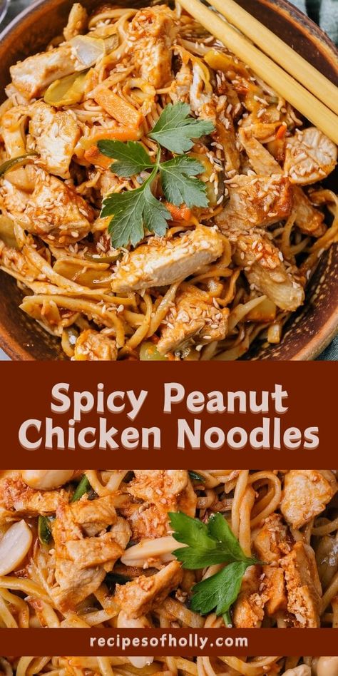 Spicy Peanut Chicken Noodles - Recipes of Holly Spicy Peanut Chicken Noodles, Spicy Chicken Noodle Recipes, Spicy Peanut Noodles With Chicken, Creamy Peanut-lime Chicken With Noodles, Thai Peanut Chicken Noodles, Peanut Butter Dinner Recipes, Peanut Chicken Pasta, Peanut Chicken Noodles, Peanut Noodles With Chicken