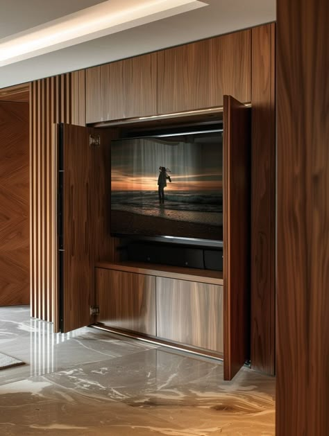 Concealed Tv Cabinet, Tv Sliding Doors Hidden Tv, Hidden Tv Doors, Concealed Tv Wall, Media Wall Hidden Tv, Tv Cabinet With Doors Hidden Tv, Hide Large Tv, Tv Hidden In Cabinet, Built In Tv Cabinet With Doors Hidden Tv