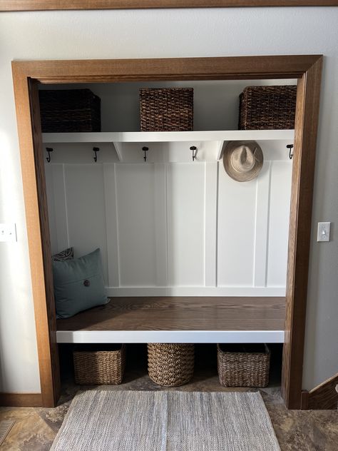 Entry Closet Mudroom, Closet Turned Into Mudroom, Closet To Mudroom Convert, Front Entry Closet, Mud Closet, Entry Closet Makeover, Entry Closet Ideas, Entryway Closet Makeover, Entryway Nook