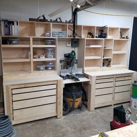 Workbench Tool Storage Ideas Tool Storage Ideas, Garage Door Paint, Diy Garage Work Bench, Rustic Wood Projects, Organized Garage, Diy Garage Storage Cabinets, Diy Wood Bench, Garage Designs, Garage Organisation