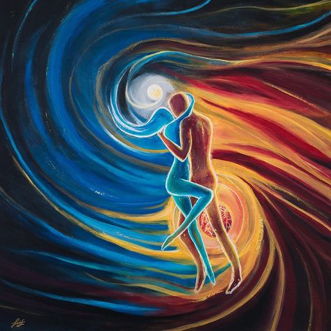 Twin Flame love is eternal. 👩‍❤️‍💋‍👨 Check out our blog for more beautiful Twin Flame Art: https://twinflamesuniverse.com/twin-flame-art-77-ideas-to-keep-the-love-alive/ Artist: Lisa Stock Twin Flame art, Couple art, Twin Flame painting, Couple illustration, Love illustration, Drawing inspiration, Painting inspiration, Romantic art Soulmates Art, Twin Flame Art, Spiritual Paintings, Soul Ties, Flame Art, Couple Painting, Energy Art, Spiritual Artwork, Fantasy Paintings