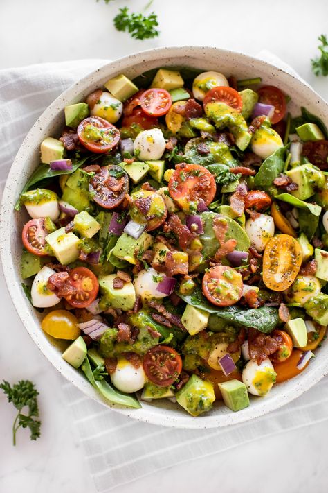 This easy avocado bacon salad with spinach, tomatoes, mozzarella, and a honey mustard vinaigrette dressing is perfect for healthy summer lunches. Quick and easy! Bacon And Avocado Salad, Bacon Avocado Salad, Salt And Lavender, Salad With Spinach, Salt Lavender, Summer Lunches, Tomatoes Mozzarella, Salad Aesthetic, Mustard Vinaigrette