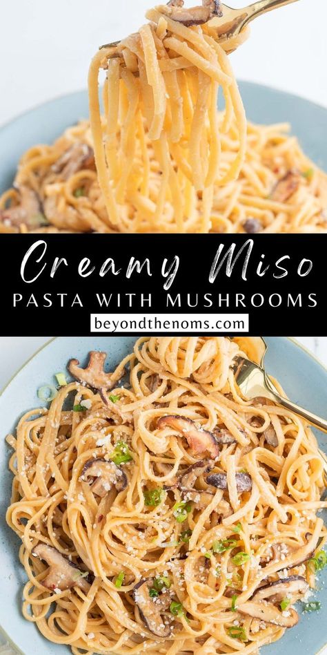 miso pasta on a fork and miso pasta on a plate Miso Paste Recipes, Miso Pasta, Light Pasta Dishes, Cheap Vegetarian Meals, Miso Recipe, Miso Paste, Butter Pasta, Shiitake Mushrooms, Pasta Dinner Recipes