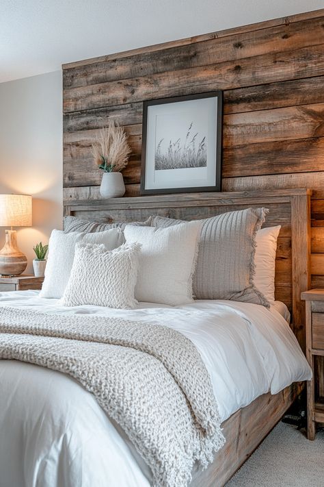 Transform your bedroom into a serene retreat with stunning rustic wood elements. Discover how to incorporate natural wood textures, reclaimed wood headboards, wooden nightstands, and warm wooden accents to create a charming, inviting farmhouse-style bedroom that combines comfort and rustic elegance Wooden Nightstands, Cozy Rustic Bedroom, White Wood Bed, Bedroom Design Ideas Modern, Wood Headboards, Farmhouse Bedroom Design, Farmhouse Headboard, Reclaimed Wood Headboard, Farmhouse Style Bedrooms