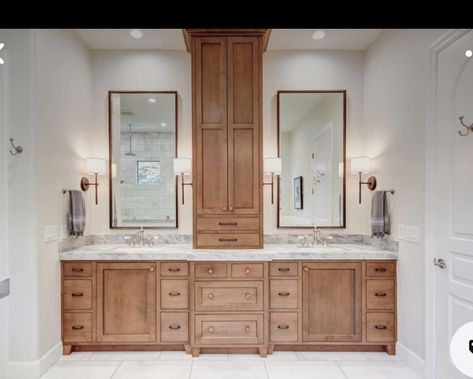 Double Bathroom Vanity With Storage Tower, Updated Jack And Jill Bathroom, Double Vanity Linen Tower, Bathroom Vanity Towel Storage, Bathroom Vanity Middle Tower, Primary Bathroom Cabinet Ideas, Split Vanity With Linen Cabinet, Double Vanity With Linen Cabinet In Middle, Bathroom Vanity With Tall Cabinet In Middle