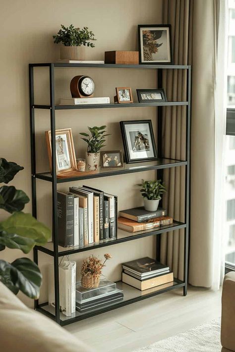 modern bookshelf Small Modern Bookshelf, Mini Library At Home, Mini Library In Bedroom, Wall Bed Office, Bookshelf Ideas Living Room, Small Home Library Ideas, Italian Villa Interior, Small Home Library, Bedroom Bookshelves