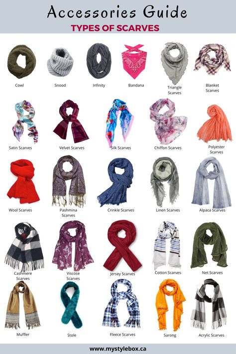 Accessories Guide_Types of Scarves Types Of Scarves Different, Different Types Of Accessories, Different Types Of Dresses Names, Sleeve Types And Styles, Style Names Types Of Fashion, Types Of Scarfs, Name Of Clothes, Types Of Tops, Fashion Terminology