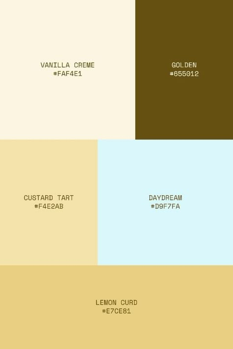 Custard Color Palette, Vanilla Colour Palette, Butter Yellow Color Combinations, Bakery Colour Palette, Butter Yellow Color Palette, Butter Color Palette, Vanilla Color Palette, Golden Colour Palette, Pie Branding