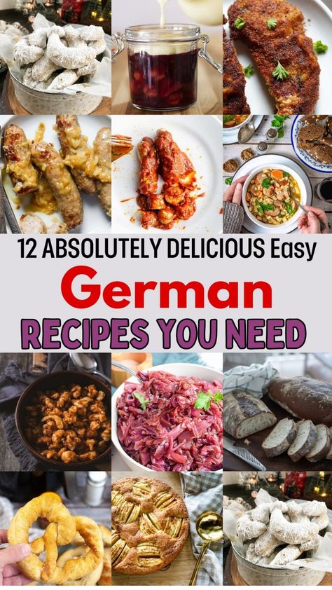 German recipes collection for easy homemade meals, featuring sausages, pretzels, stews, and more. European Recipes Dinners, German Meals Authentic, Easy German Food Recipes, German New Years Food, German Recipes Authentic Dinner, German Meals Traditional, German Food Recipes Authentic, German Dishes Traditional, German Recipes Traditional