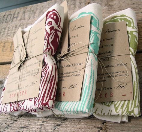 can't get enough flour sacks... Screen Printing Inspiration, Screen Print Tea Towels, Scarf Packaging, Packaging Ideas Business, Clothing Packaging, Handmade Packaging, Craft Packaging, Printed Tea Towel, Patch Aplique