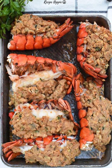 Seafood Stuffing, Baked Stuffed Lobster, Baked Lobster, Stuffed Lobster, Baked Lobster Tails, New Years Appetizers, Lobster Recipes Tail, Bbq Recipe, Lobster Dinner