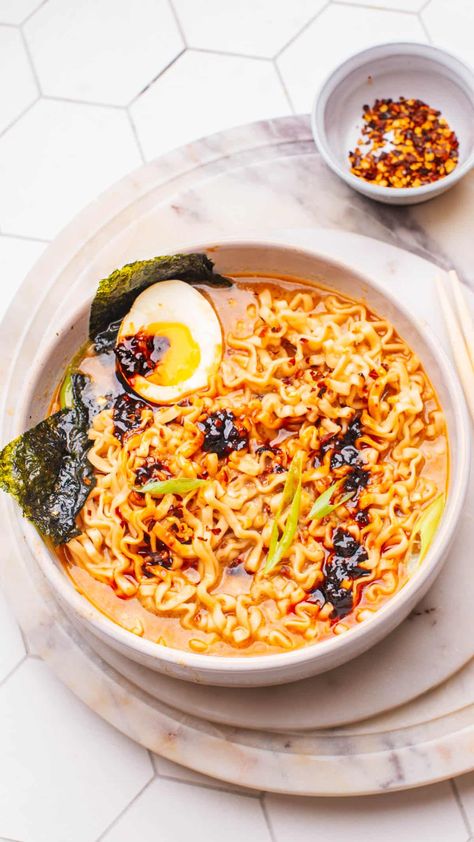 Spicy Ramen Ramen Soup Recipes Authentic, Homemade Shin Ramen, Upgraded Instant Ramen, Ramen With Salmon, Ichiran Ramen Recipe, Instapot Ramen Noodle Recipes, Half Baked Harvest Ramen, Trader Joe’s Ramen, Viral Ramen Recipe