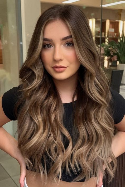 This long wavy balayage hairstyle combines dark brown roots with soft blonde accents, creating a trendy and dynamic look. The waves flow effortlessly, adding texture and volume to the hair, while the blonde highlights enhance the natural movement and brightness. This style is perfect for those wanting a modern, sun-kissed look with depth and dimension. Tone Hair Color, Chocolate Roots With Blonde Hair, Caramel Highlights For Dark Brown Hair, Brunette Balayage Hair Caramel Honey, Brown Hair For Tan Skin, Caramel Beige Hair, Hair Color Ideas For Fair Skin, Soft Brown Hair With Highlights, Balayage Light Brown Hair