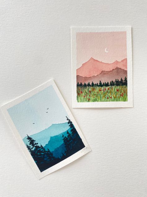 Small watercolor painting Mini landscape scene framed watercolor... Small Watercolor Landscapes, Mini Watercolor Landscape, Mini Landscape, Mini Watercolor, Small Watercolor, Framed Watercolor, Watercolor Postcard, Watercolour Landscape, Colorful Clouds