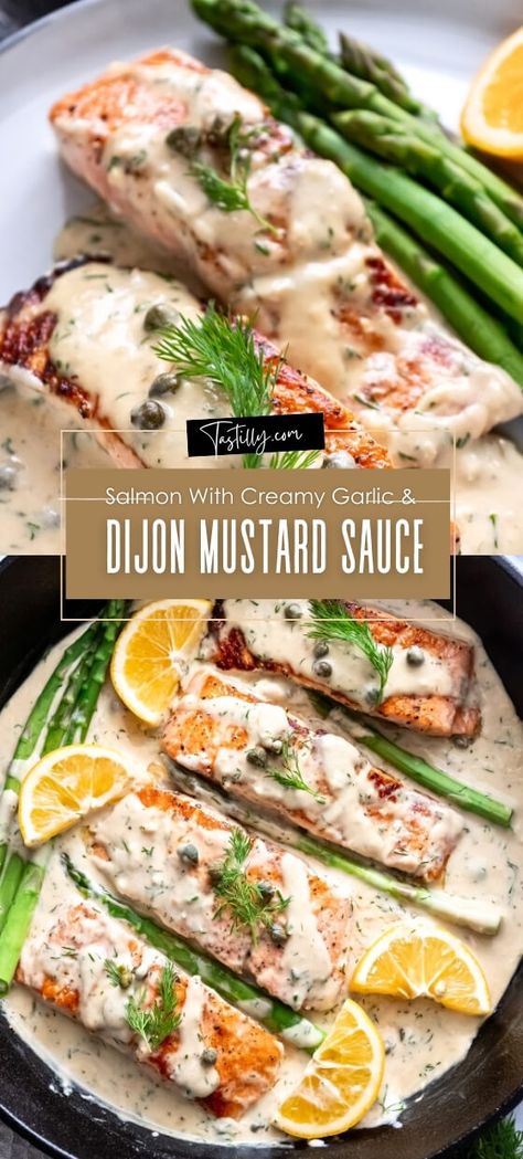 20-Minute Salmon With Creamy Garlic & Dijon Mustard Sauce - Tastilly Salmon Dijon, Salmon Sauce Recipes, Creamy Dijon Sauce, Dijon Cream Sauce, Dijon Mustard Sauce, Savory Salmon, Creamy Dijon, Dijon Sauce, Mustard Salmon