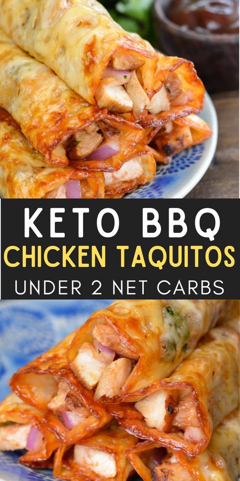 These Keto BBQ Chicken Taquitos require 5 basic ingredients and contain about 1 net carb per serving! Keto Bbq Chicken Pizza, Keto Bbq Recipes, Keto Cookout Food, Keto Weeknight Dinner, Keto Bbq Sides, Keto Chicken Wraps, Keto Picnic Food Ideas, Keto Appetizers Easy, Bbq Chicken Taquitos