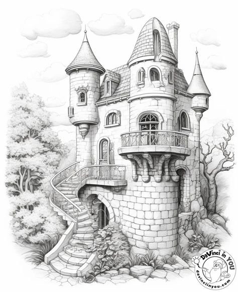 Old Castle Drawing, Free Printable Pictures, Building Drawings, Free Adult Coloring Printables, Storybook House, Castle Drawing, Old Castle, Interior Architecture Drawing, Scary Animals