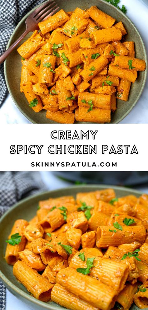 This easy creamy spicy chicken pasta is comfort food at its best. It’s a very simple chicken pasta recipe that you can throw together in 30 minutes for a creamy dinner with a bit of a kick. Spicy Cheesy Pasta, Chicken Pasta Recipes Red Sauce, Spicy Chicken Pasta Recipes, Chicken Pasta Crockpot Recipes, Pasta Crockpot Recipes, Pasta Bake Chicken, Meal Ideas For Picky Eaters, Creamy Spicy Chicken, Baked Chicken Pasta