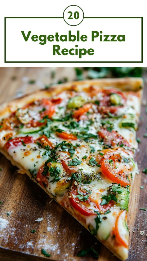 A slice of homemade vegetable pizza topped with fresh vegetables, herbs, and melted cheese on a wooden cutting board. Healthy Veggie Pizza, Veggie Pizzas, Best Veggie Pizza, Vegetable Pizza Crust Recipe, Pizza With Veggies, Pizza Recipes Vegetarian, Pizza Homemade Recipe, Homemade Veggie Pizza, Tomato Free Pizza