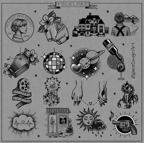 Every Folklore song as a tattoo flash design/sticker! Folklore Tattoo, Evermore Tattoo, Taylor Tattoo, Taylor Swift Drawing, Taylor Swift Tattoo, Tattoos For Lovers, Flash Design, Tatuaje A Color, Tattoo Flash Art