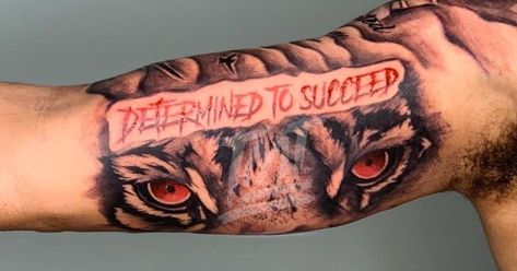 Determined To Succeed Tattoo, Tiger Eyes Tattoo Bicep, Inside Leg Tattoo Men, Inside Bicep Tattoo Men Half Sleeves, Bicep Tattoo Men Sleeve, Single Tattoos Men, Tattoo Ideas For Men Bicep, Bicep Tattoo Men Ideas, Inner Bicep Tattoo Men Ideas Design